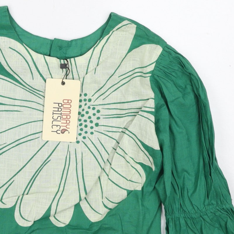 Bombay Paisley Women Green XS Floral Cotton Puff Sleeve Button-Up Blouse