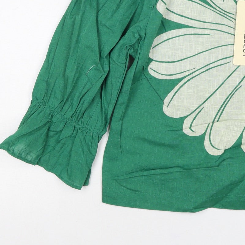 Bombay Paisley Women Green XS Floral Cotton Puff Sleeve Button-Up Blouse