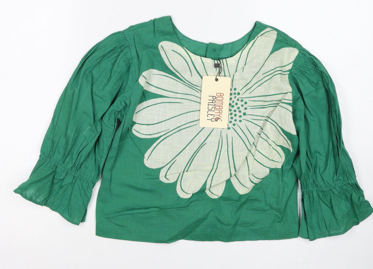 Bombay Paisley Women Green XS Floral Cotton Puff Sleeve Button-Up Blouse
