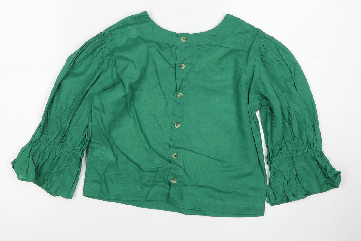 Bombay Paisley Women Green XS Floral Cotton Puff Sleeve Button-Up Blouse