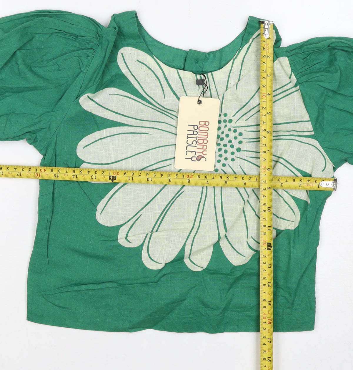 Bombay Paisley Women Green XS Floral Cotton Puff Sleeve Button-Up Blouse