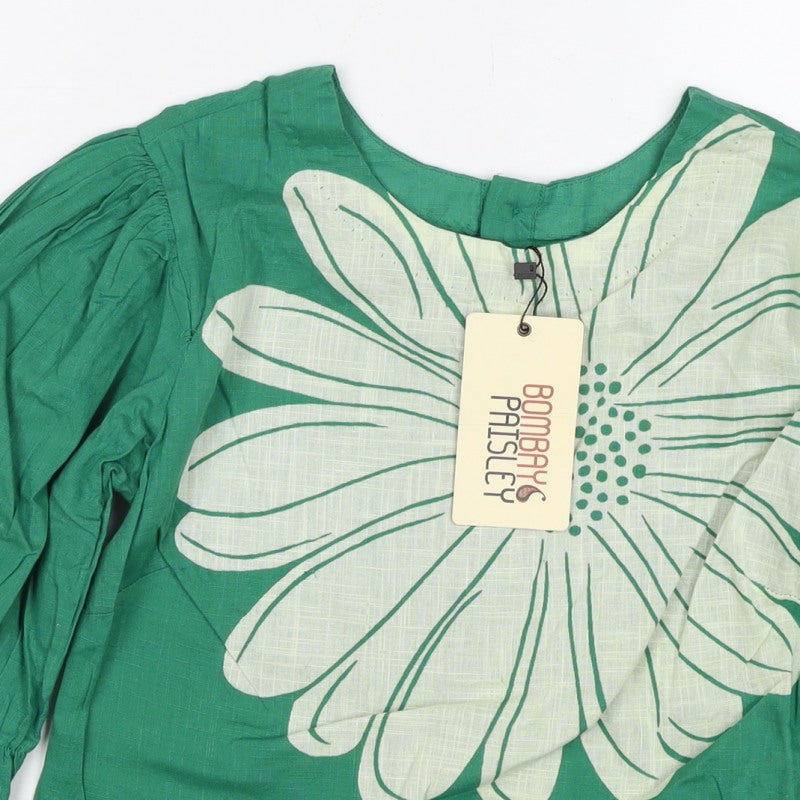 Bombay Paisley Women Green XS Floral Cotton Puff Sleeve Button-Up Blouse