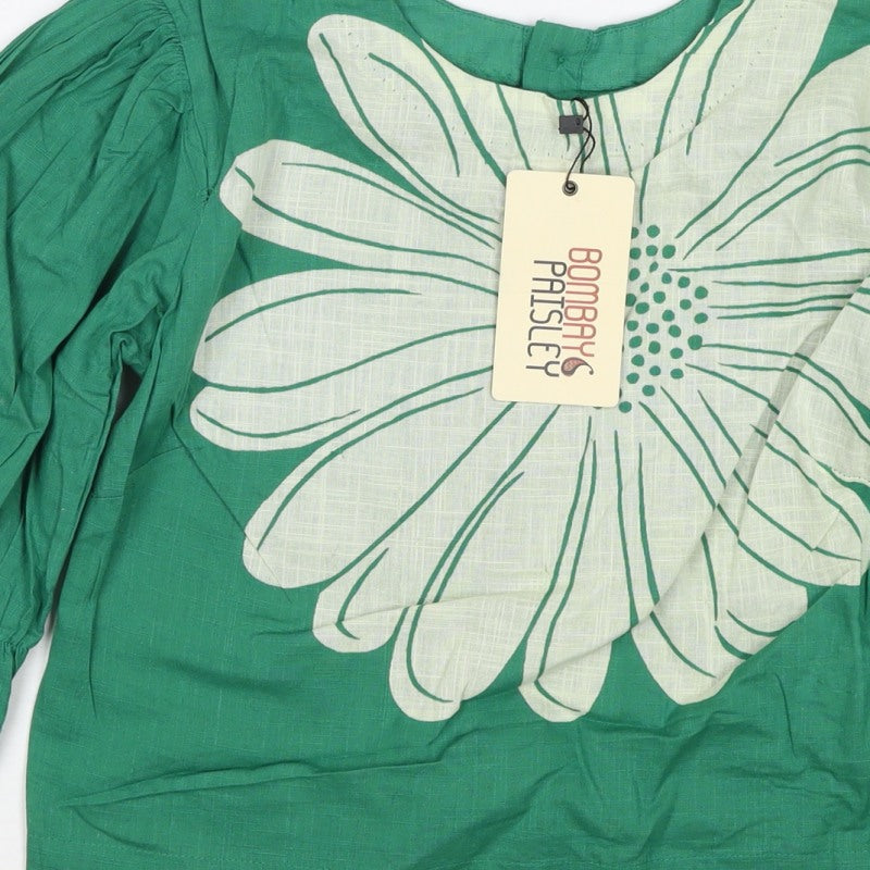 Bombay Paisley Women Green XS Floral Cotton Puff Sleeve Button-Up Blouse