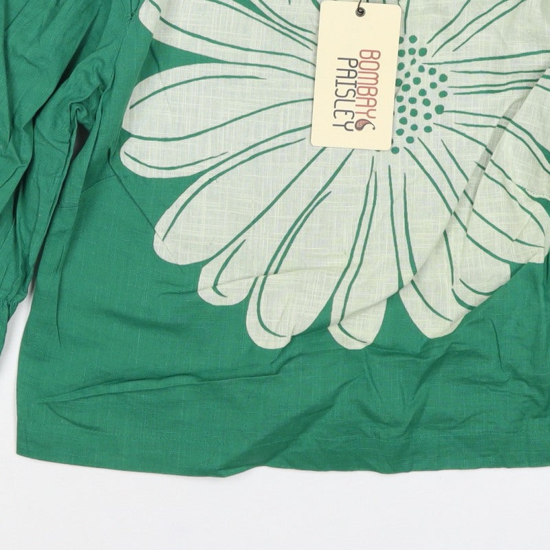 Bombay Paisley Women Green XS Floral Cotton Puff Sleeve Button-Up Blouse