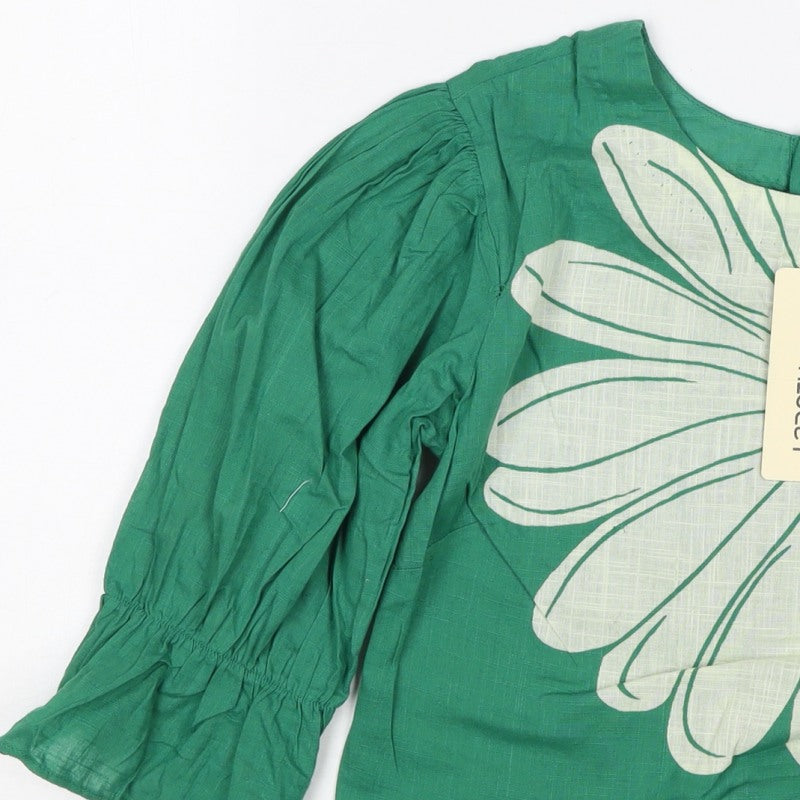 Bombay Paisley Women Green XS Floral Cotton Puff Sleeve Button-Up Blouse
