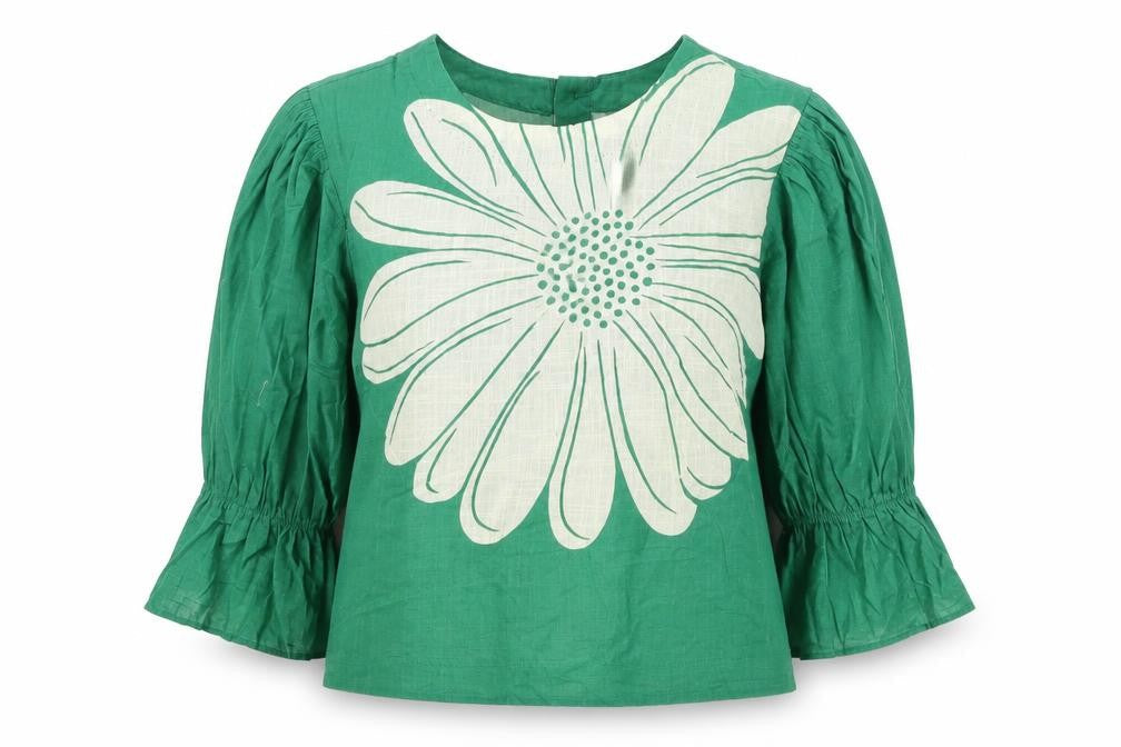 Bombay Paisley Women Green XS Floral Cotton Puff Sleeve Button-Up Blouse