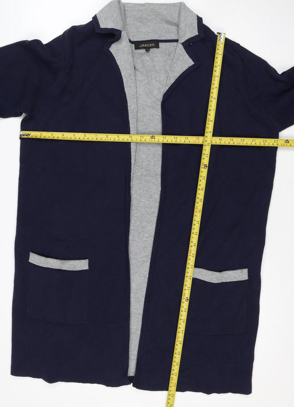 Jaeger Women Blue Grey M Open Cardigan Cashmere Blend Pockets