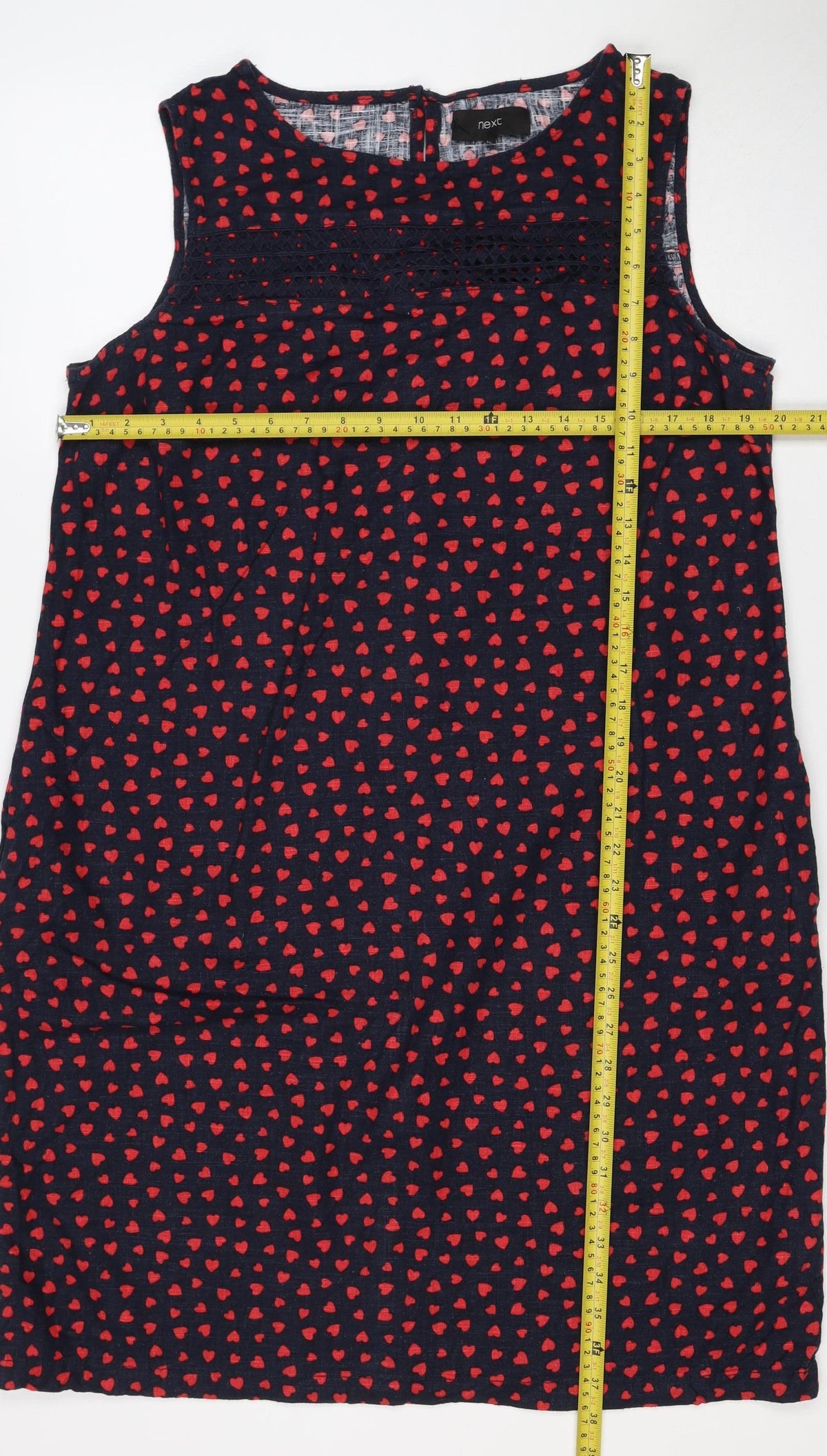 Next Women Blue Red Heart Print Shift Dress UK 14 Knee Length Lace