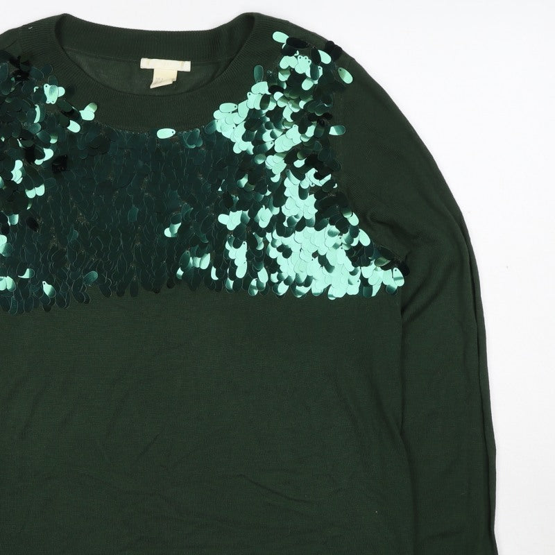 H&M Women Green Sequin Raglan Knit Jumper UK 10 S Party
