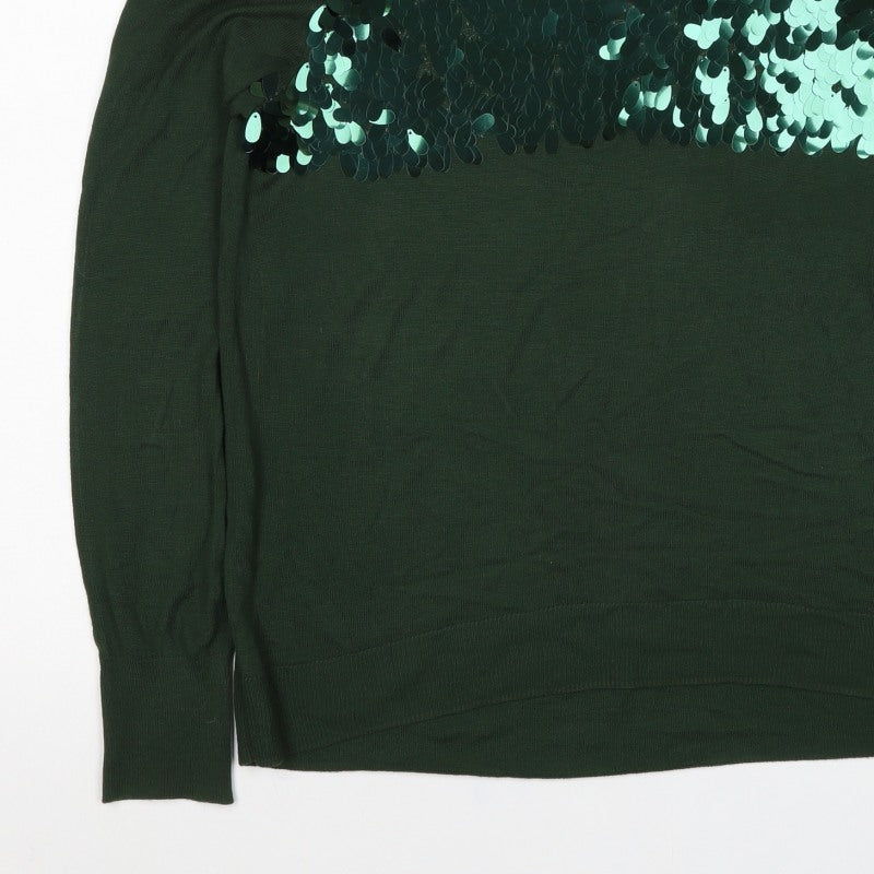 H&M Women Green Sequin Raglan Knit Jumper UK 10 S Party