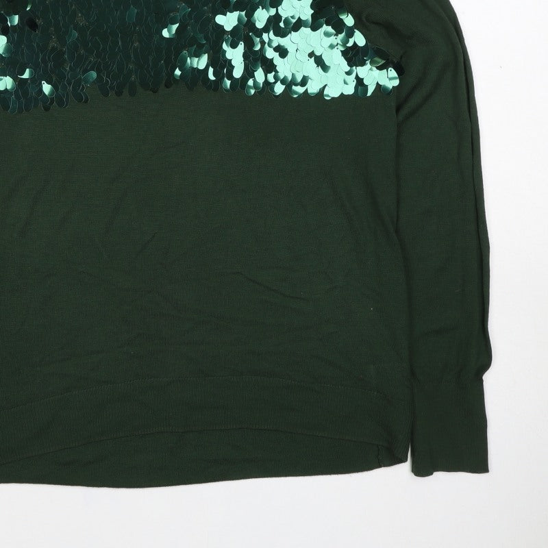 H&M Women Green Sequin Raglan Knit Jumper UK 10 S Party
