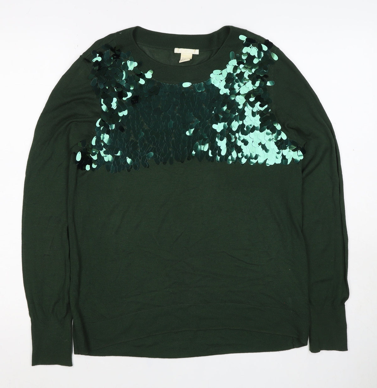 H&M Women Green Sequin Raglan Knit Jumper UK 10 S Party