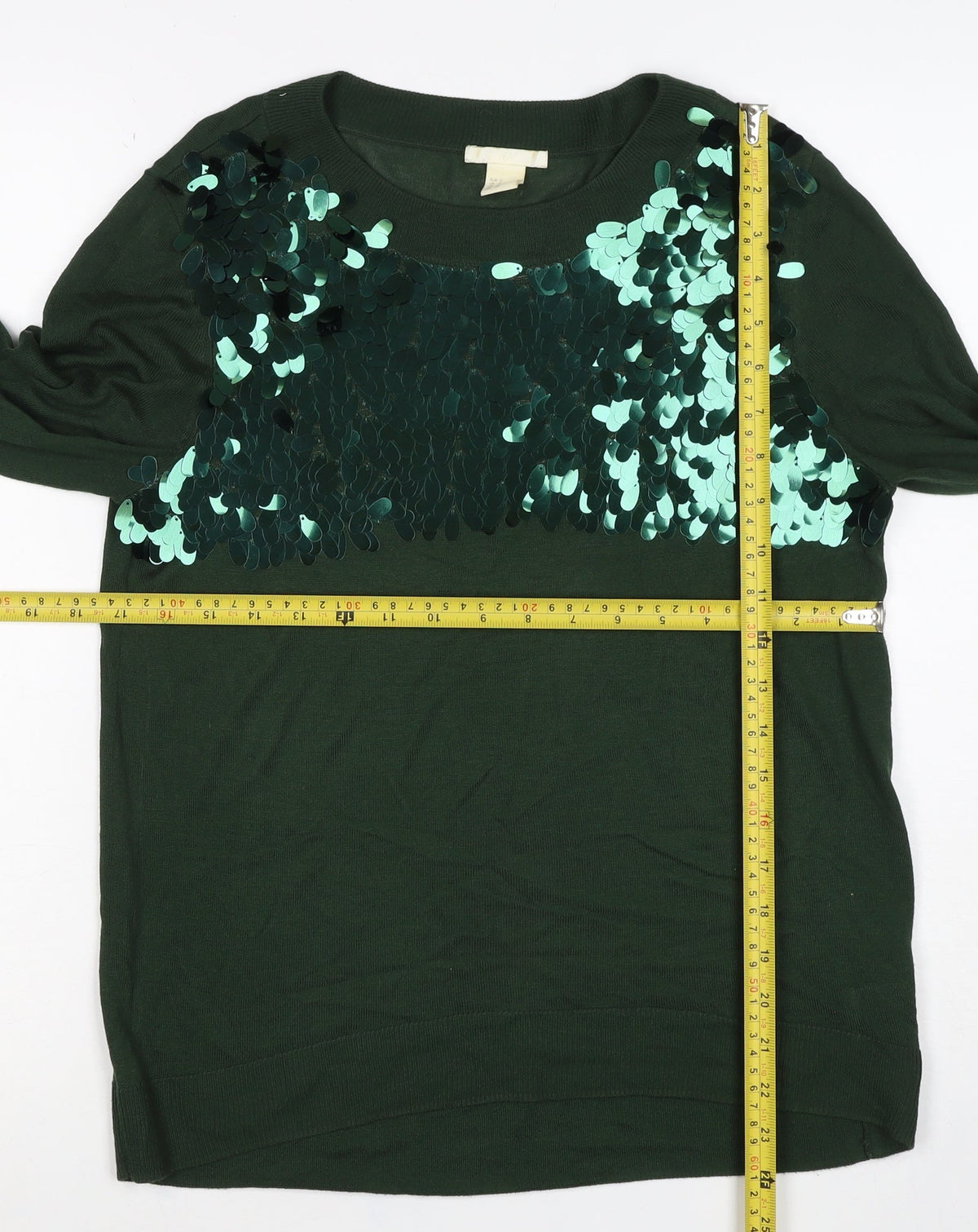 H&M Women Green Sequin Raglan Knit Jumper UK 10 S Party
