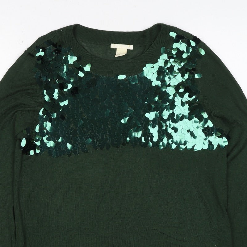 H&M Women Green Sequin Raglan Knit Jumper UK 10 S Party