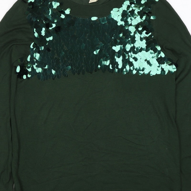 H&M Women Green Sequin Raglan Knit Jumper UK 10 S Party