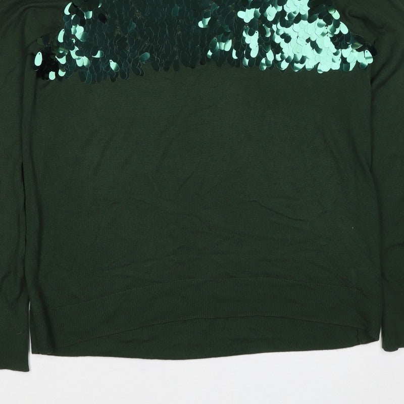H&M Women Green Sequin Raglan Knit Jumper UK 10 S Party
