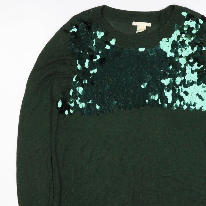 H&M Women Green Sequin Raglan Knit Jumper UK 10 S Party