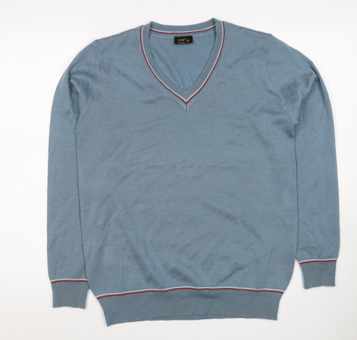 Pop England Men's Blue M V-Neck Wool Blend Pullover Jumper