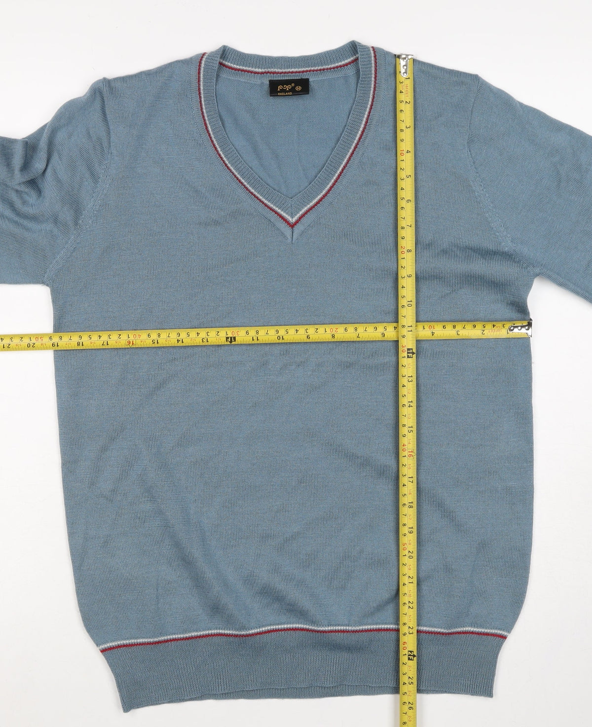 Pop England Men's Blue M V-Neck Wool Blend Pullover Jumper