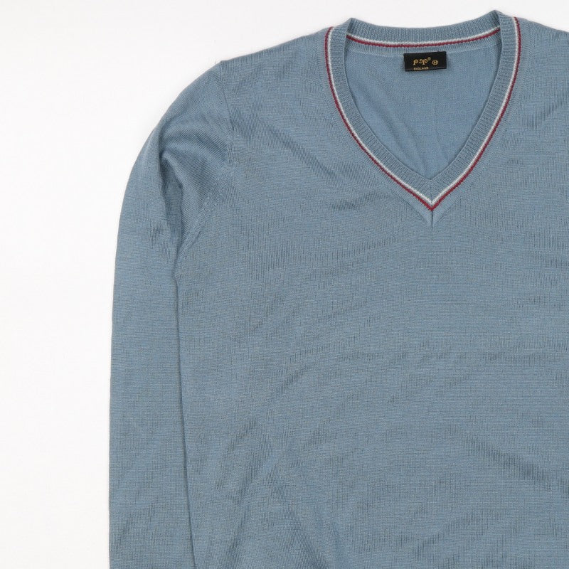 Pop England Men's Blue M V-Neck Wool Blend Pullover Jumper
