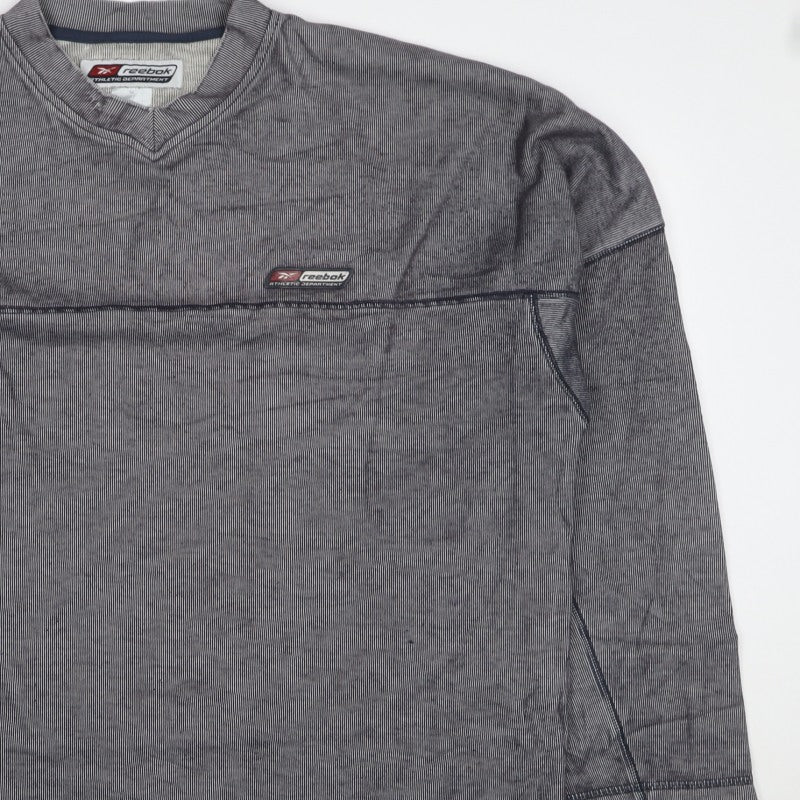 Reebok Men’s Grey Striped Logo V-Neck Pullover Jumper M
