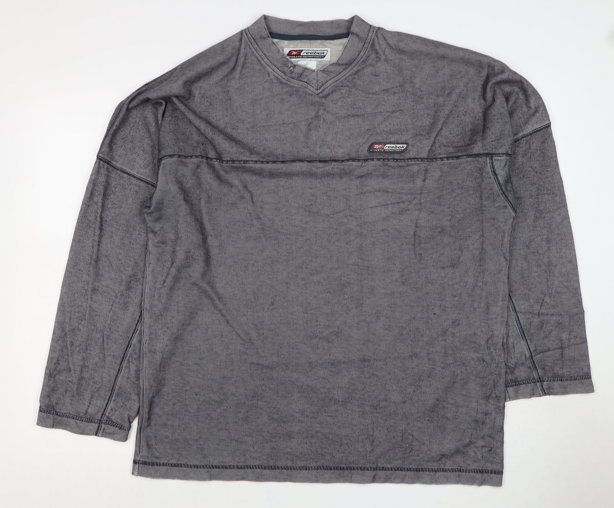 Reebok Men’s Grey Striped Logo V-Neck Pullover Jumper M