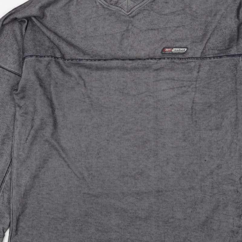 Reebok Men’s Grey Striped Logo V-Neck Pullover Jumper M