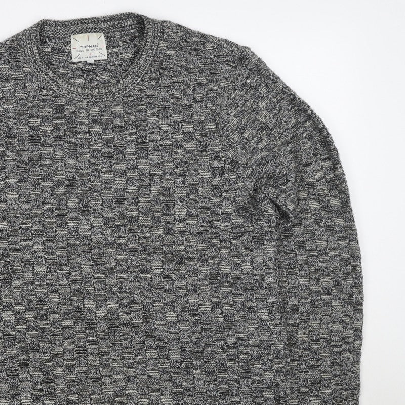 Topman Men's Grey M Wool Geometric Knit Crew Neck Pullover Jumper