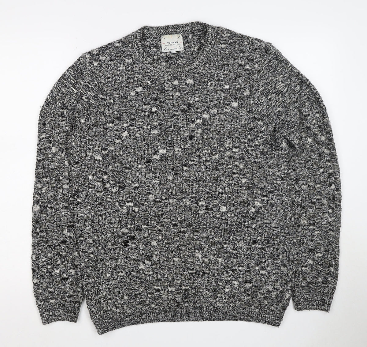 Topman Men's Grey M Wool Geometric Knit Crew Neck Pullover Jumper