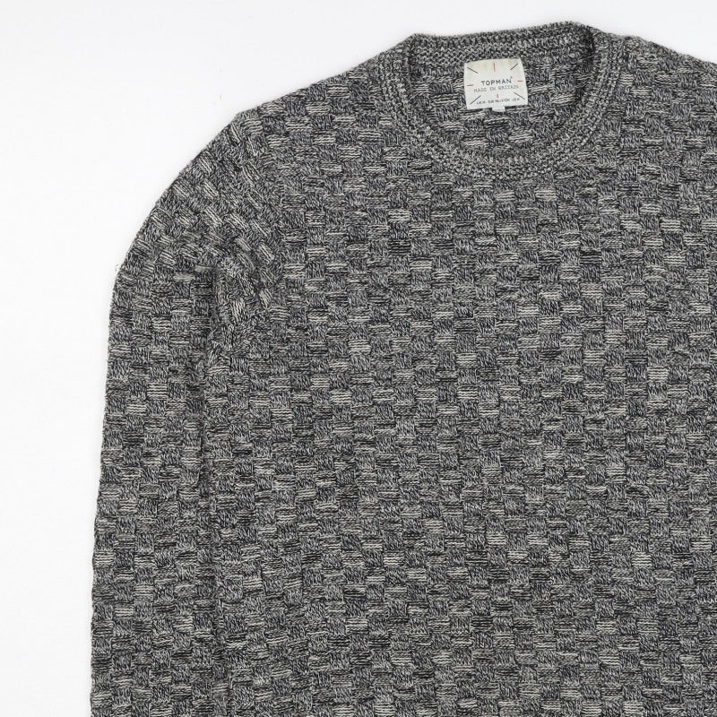 Topman Men's Grey M Wool Geometric Knit Crew Neck Pullover Jumper