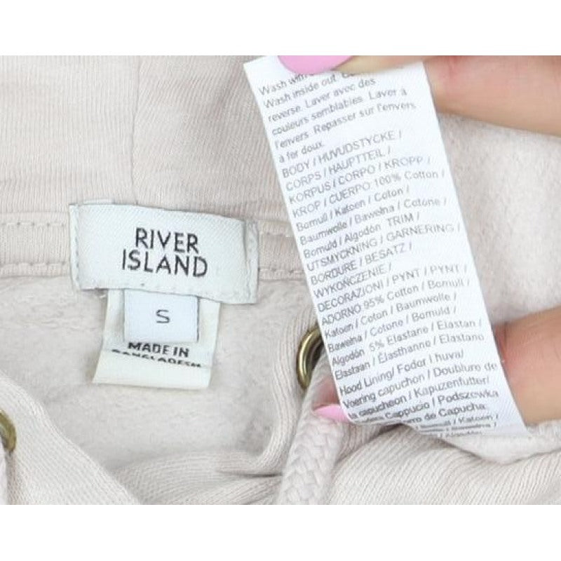 River Island Women Beige S Pullover Hooded Cotton Sweatshirt Logo
