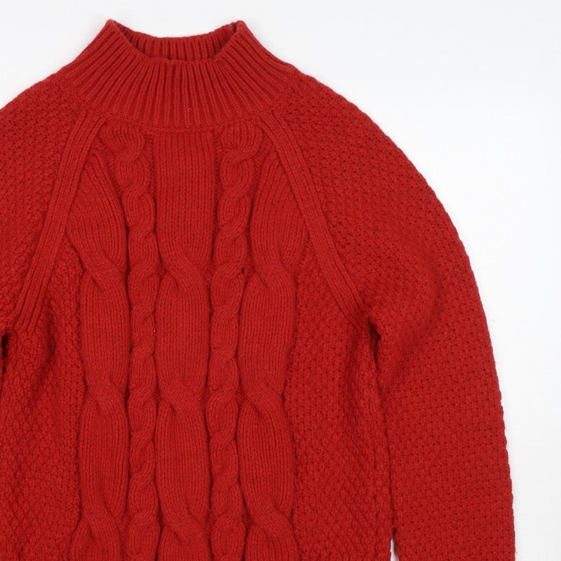 Fata Women’s Red UK 12 Wool Cable Knit Roll Neck Jumper
