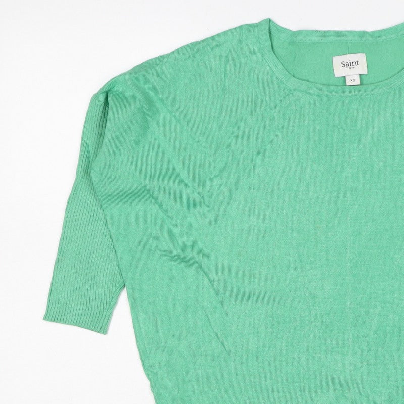 Saint Tropez Women Green XS Knit Crew Neck Short Sleeve Basic Top