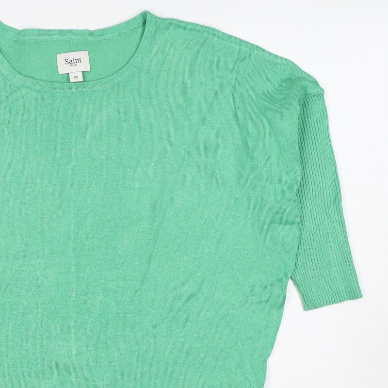 Saint Tropez Women Green XS Knit Crew Neck Short Sleeve Basic Top