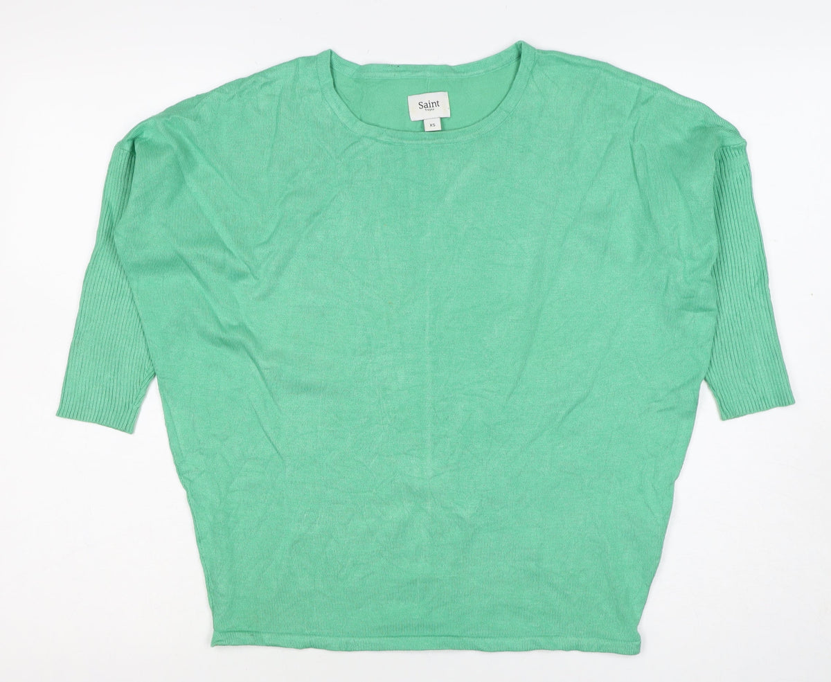 Saint Tropez Women Green XS Knit Crew Neck Short Sleeve Basic Top