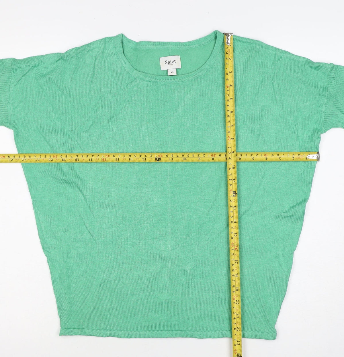 Saint Tropez Women Green XS Knit Crew Neck Short Sleeve Basic Top