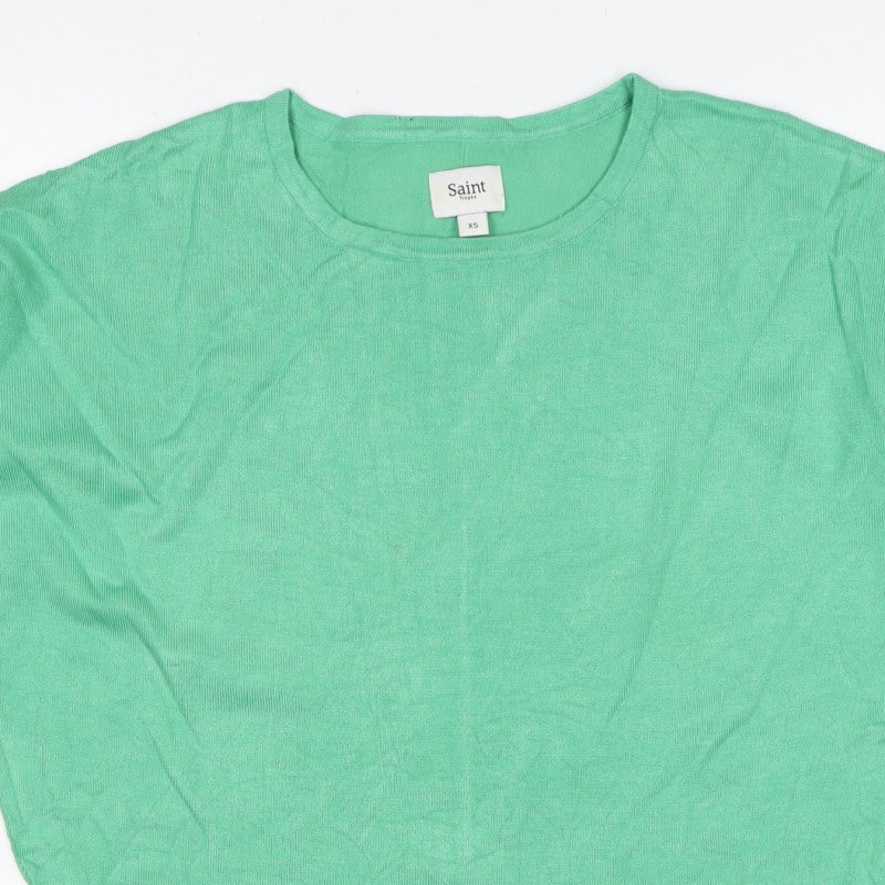 Saint Tropez Women Green XS Knit Crew Neck Short Sleeve Basic Top