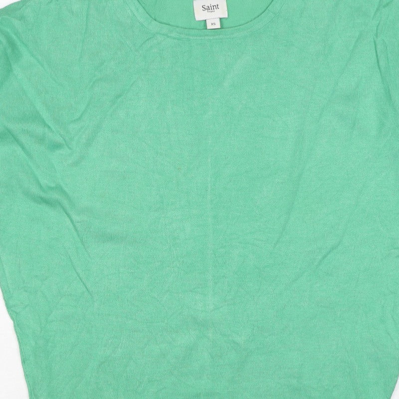 Saint Tropez Women Green XS Knit Crew Neck Short Sleeve Basic Top