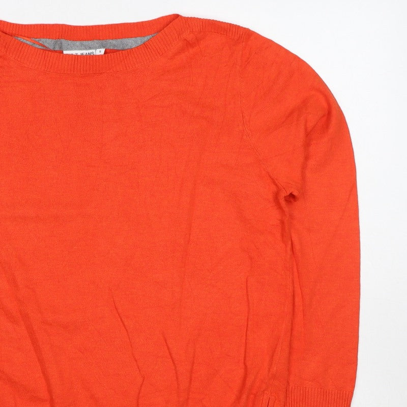 Pulz Jeans Women’s Orange Size S Fine Knit Crew Neck Zip Hem Jumper