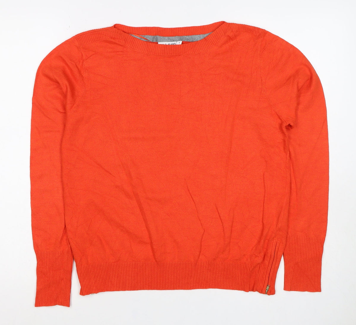 Pulz Jeans Women’s Orange Size S Fine Knit Crew Neck Zip Hem Jumper
