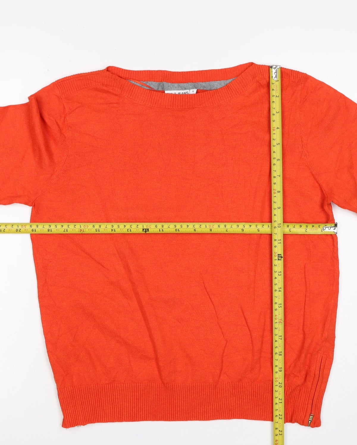 Pulz Jeans Women’s Orange Size S Fine Knit Crew Neck Zip Hem Jumper