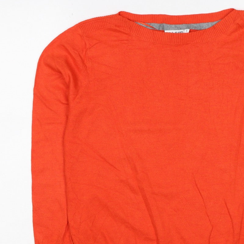 Pulz Jeans Women’s Orange Size S Fine Knit Crew Neck Zip Hem Jumper