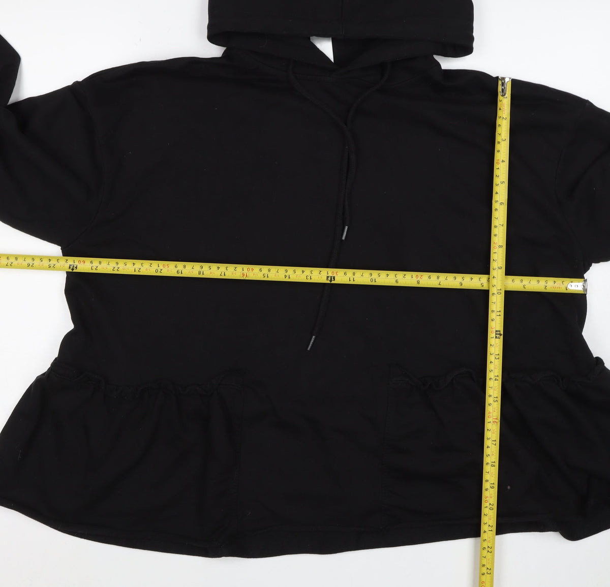 Motel Women Black UK 20 Ruffle Hem Drawstring Pullover Hoodie