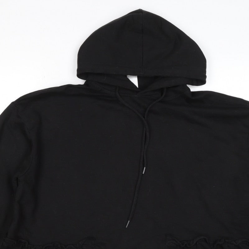 Motel Women Black UK 20 Ruffle Hem Drawstring Pullover Hoodie