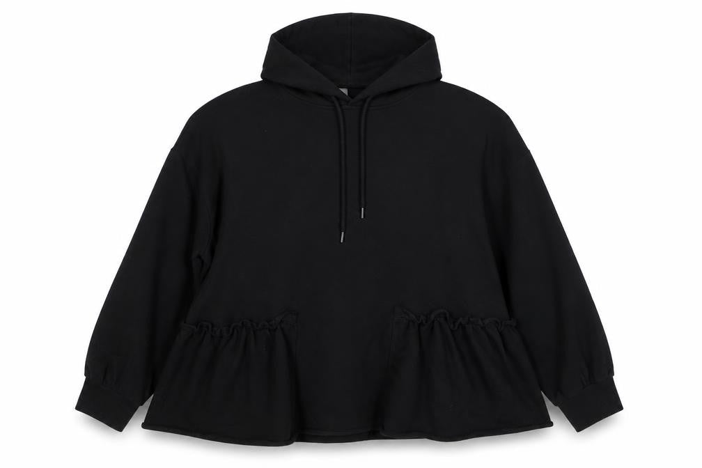 Motel Women Black UK 20 Ruffle Hem Drawstring Pullover Hoodie