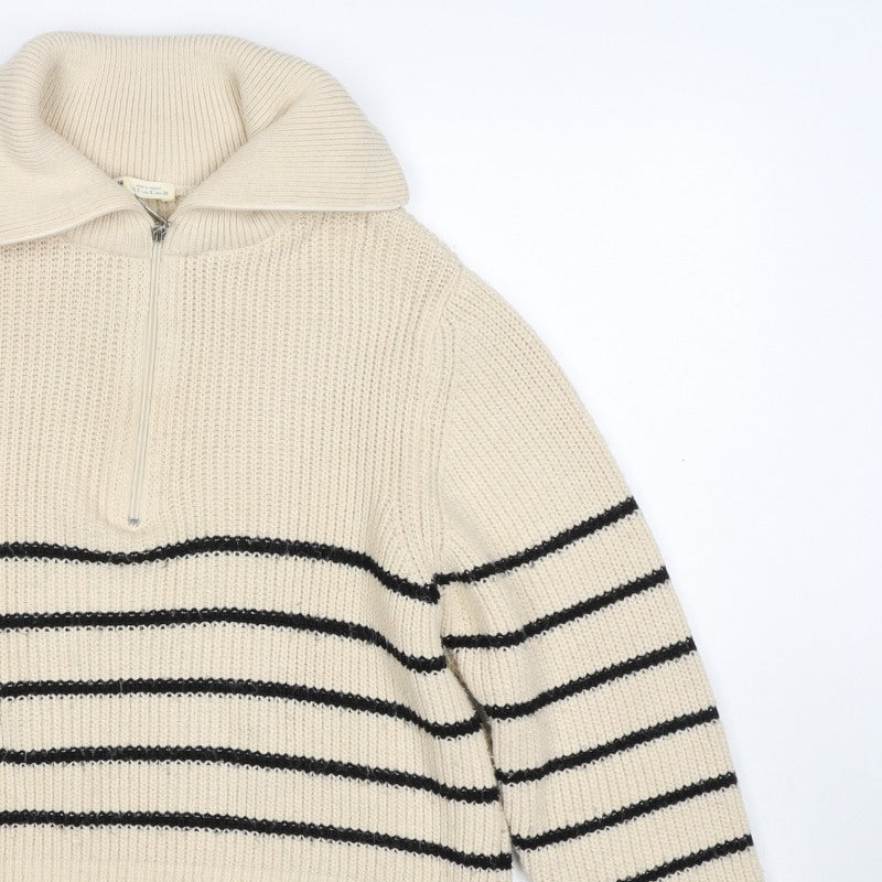 Pull&Bear Women’s Ivory Black Striped Half Zip Roll Neck Jumper S