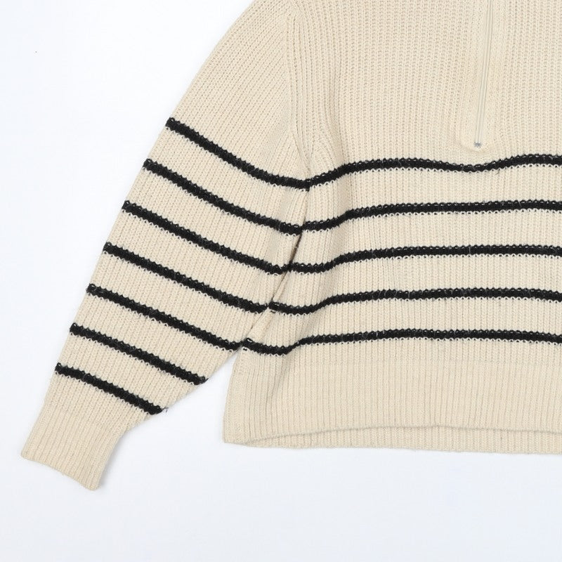 Pull&Bear Women’s Ivory Black Striped Half Zip Roll Neck Jumper S