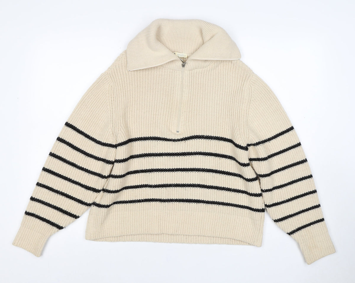 Pull&Bear Women’s Ivory Black Striped Half Zip Roll Neck Jumper S