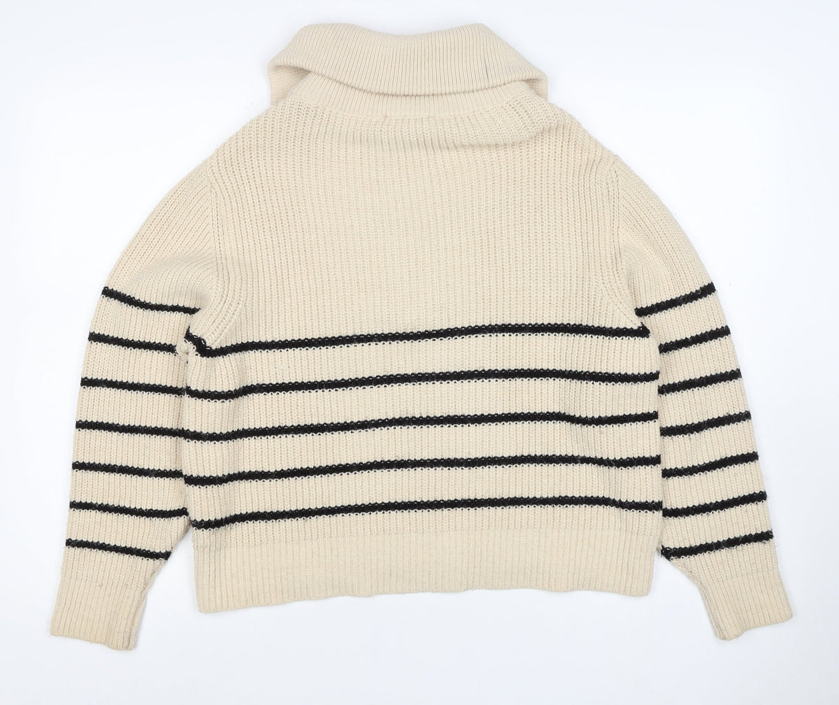 Pull&Bear Women’s Ivory Black Striped Half Zip Roll Neck Jumper S