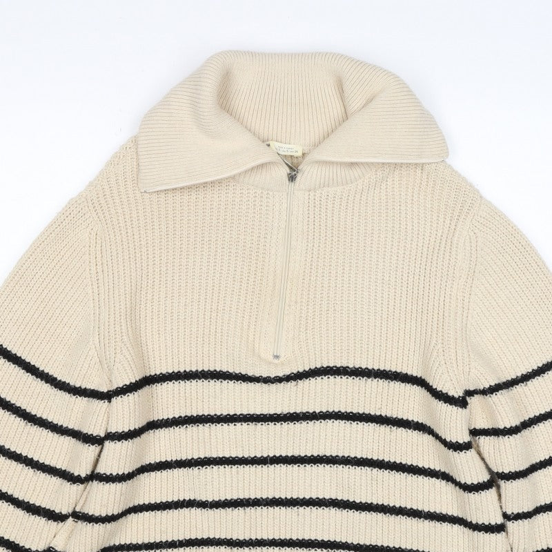 Pull&Bear Women’s Ivory Black Striped Half Zip Roll Neck Jumper S
